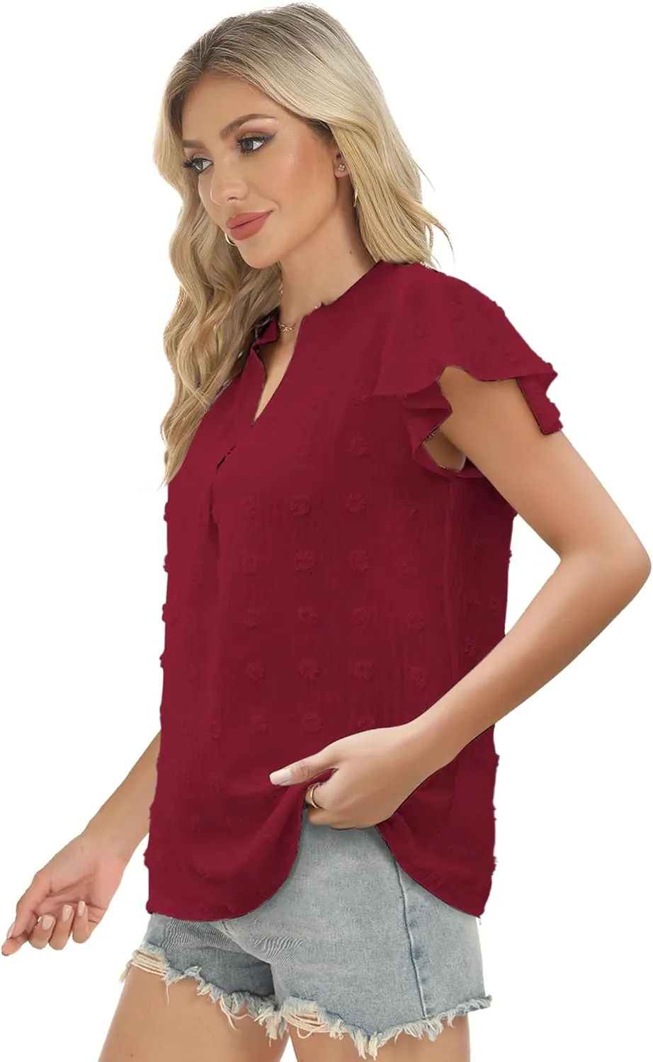 Womens Blouse V Neck Ruffle Short Sleeve Flowy Shirts Dressy Casual Cute Summer Tops Tunic Fashion Clothes