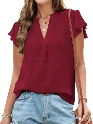 Womens Blouse V Neck Ruffle Short Sleeve Flowy Shirts Dressy Casual Cute Summer Tops Tunic Fashion Clothes