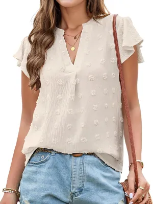 Womens Blouse V Neck Ruffle Short Sleeve Flowy Shirts Dressy Casual Cute Summer Tops Tunic Fashion Clothes