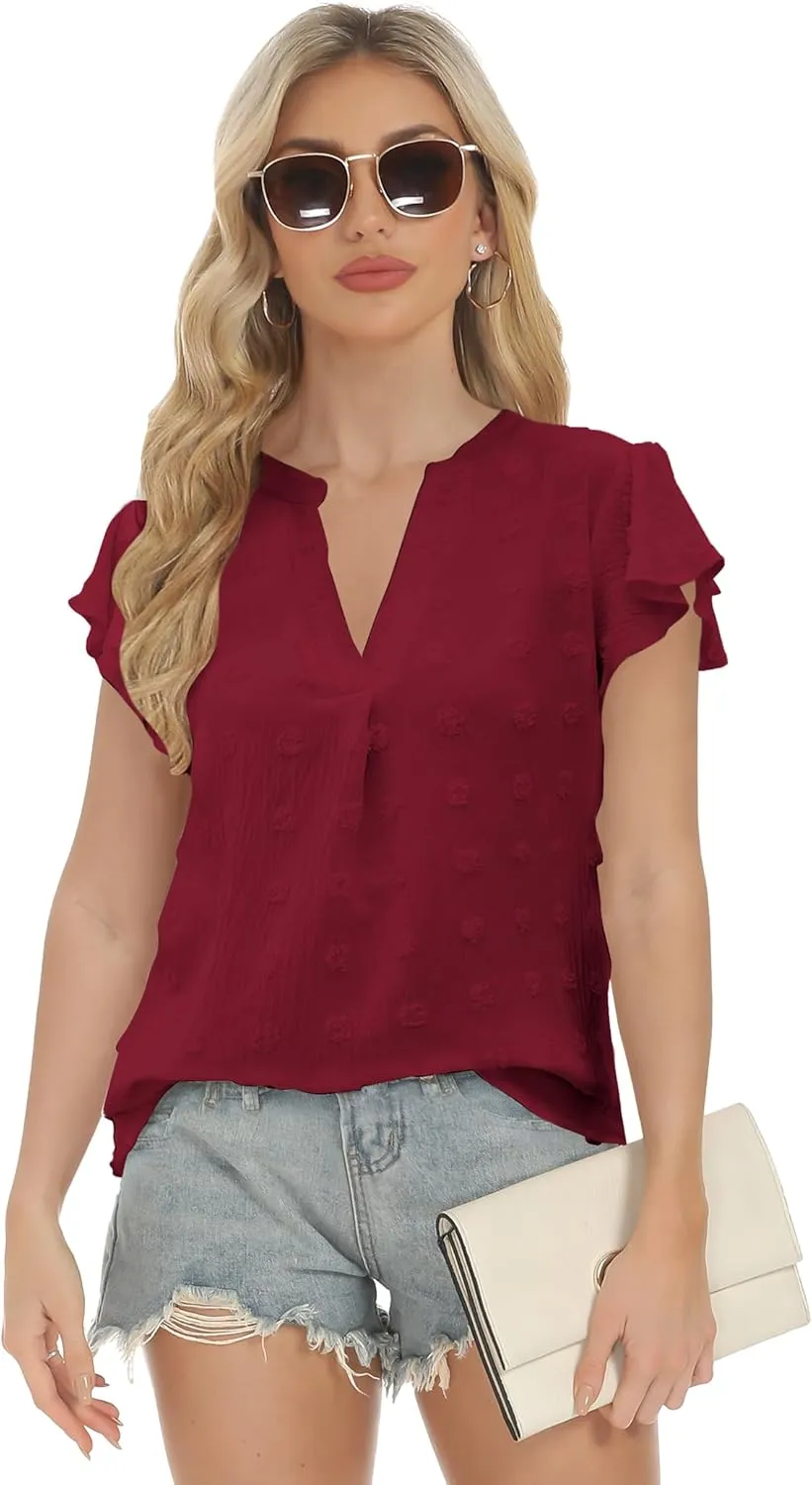 Womens Blouse V Neck Ruffle Short Sleeve Flowy Shirts Dressy Casual Cute Summer Tops Tunic Fashion Clothes