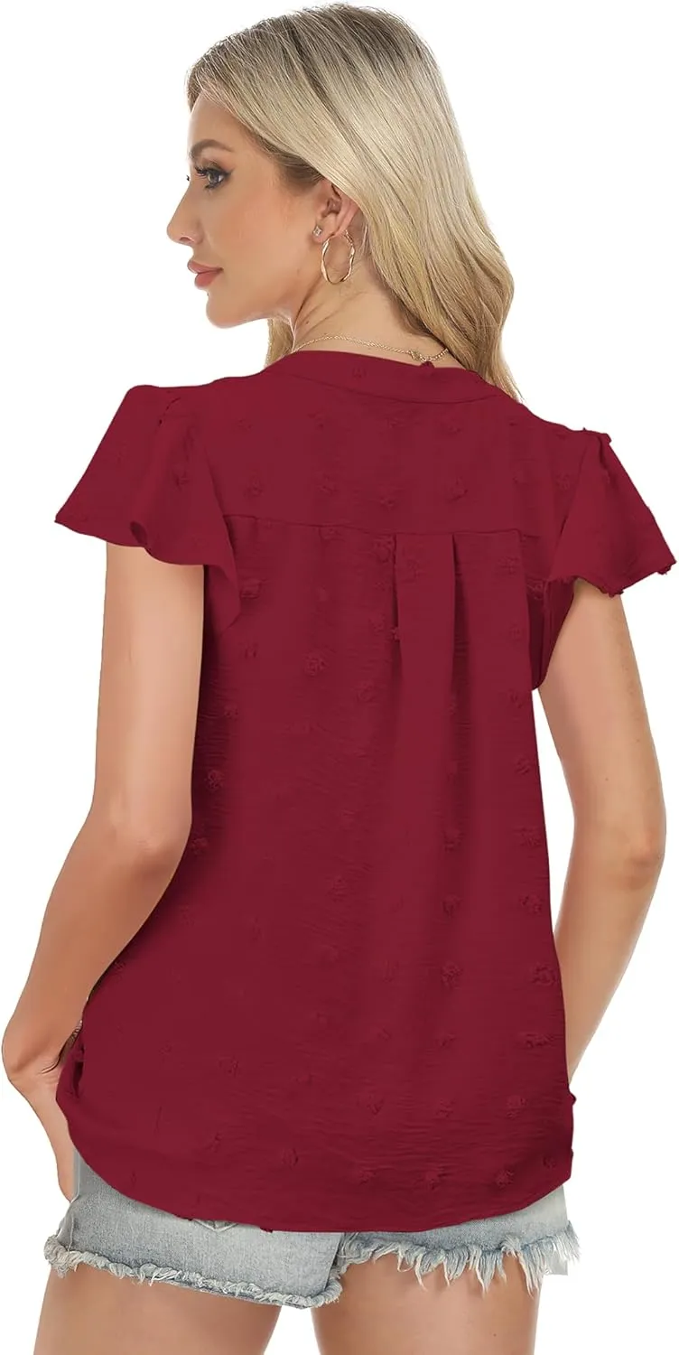 Womens Blouse V Neck Ruffle Short Sleeve Flowy Shirts Dressy Casual Cute Summer Tops Tunic Fashion Clothes