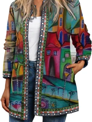 Women's Boho Floral Open Front Cardigan Fall Lightweight Casual Ethnic Long Sleeve Oversized Coat with Pockets