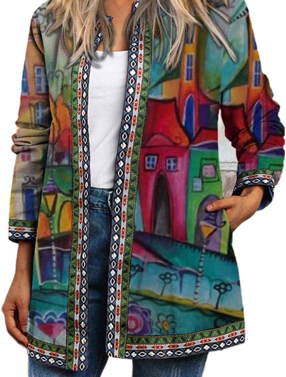 Women's Boho Floral Open Front Cardigan Fall Lightweight Casual Ethnic Long Sleeve Oversized Coat with Pockets