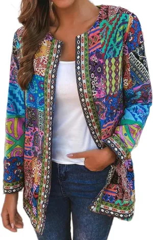 Women's Boho Floral Open Front Cardigan Fall Lightweight Casual Ethnic Long Sleeve Oversized Coat with Pockets