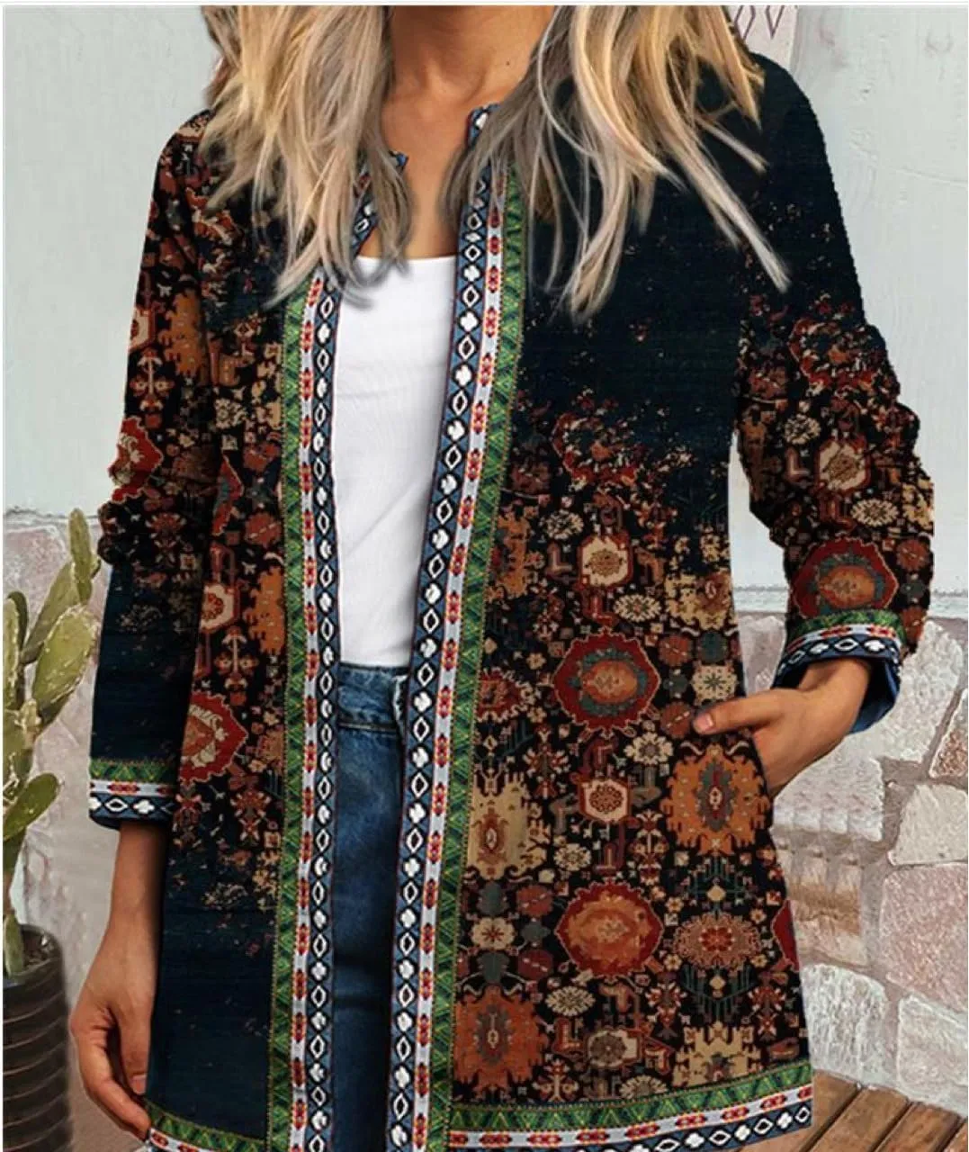 Women's Boho Floral Open Front Cardigan Fall Lightweight Casual Ethnic Long Sleeve Oversized Coat with Pockets