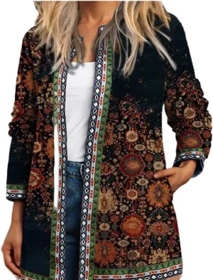 Women's Boho Floral Open Front Cardigan Fall Lightweight Casual Ethnic Long Sleeve Oversized Coat with Pockets
