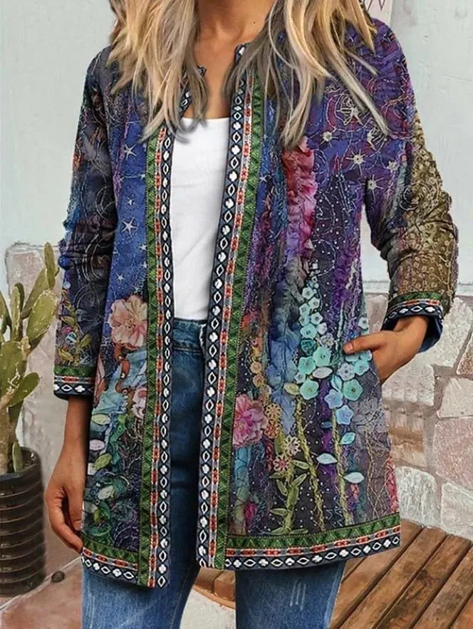 Women's Boho Floral Open Front Cardigan Fall Lightweight Casual Ethnic Long Sleeve Oversized Coat with Pockets