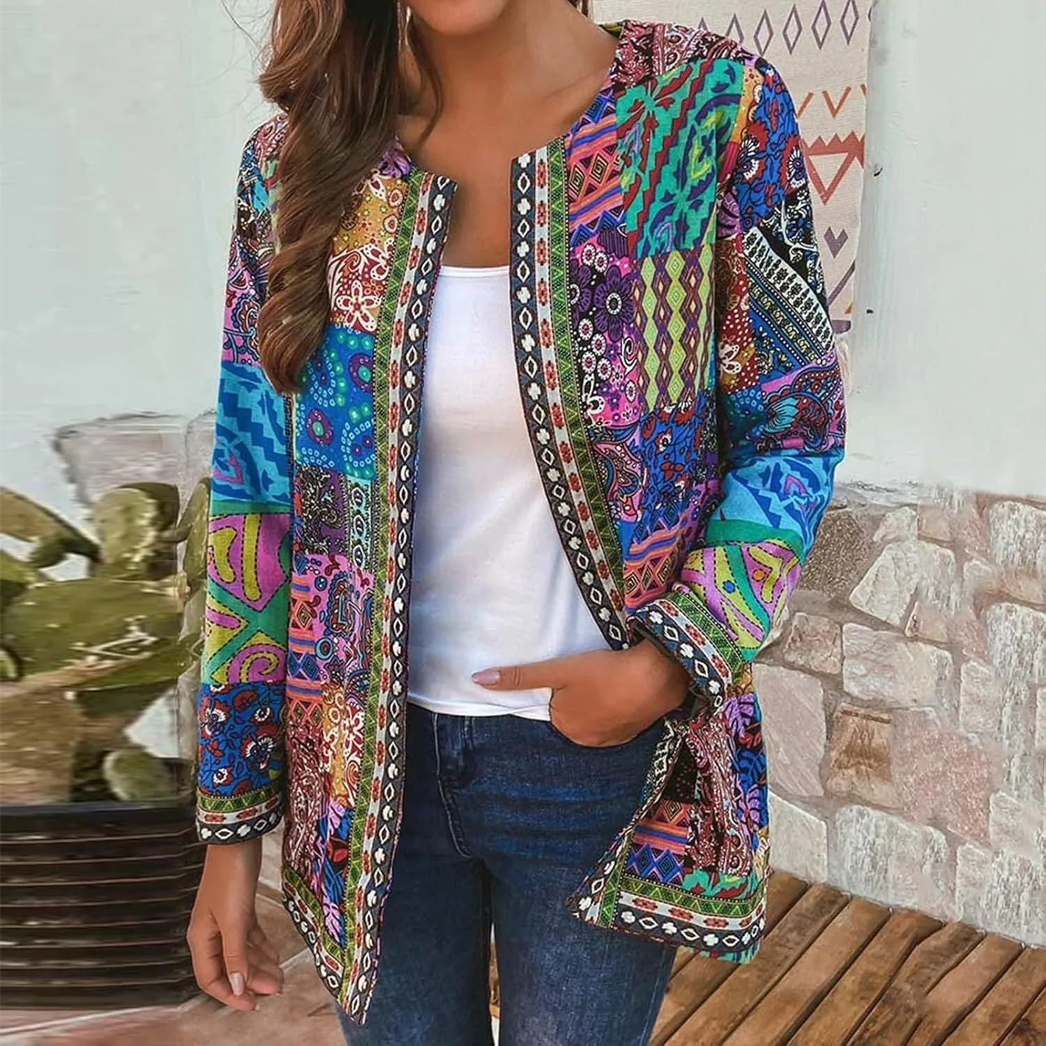 Women's Boho Floral Open Front Cardigan Fall Lightweight Casual Ethnic Long Sleeve Oversized Coat with Pockets