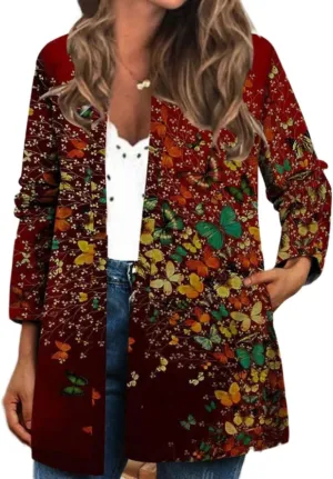 Women's Boho Floral Open Front Cardigan Fall Lightweight Casual Ethnic Long Sleeve Oversized Coat with Pockets