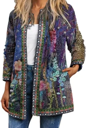 Women's Boho Floral Open Front Cardigan Fall Lightweight Casual Ethnic Long Sleeve Oversized Coat with Pockets