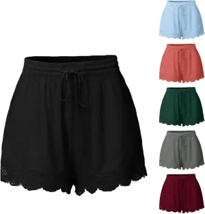 Women's Casual Shorts with Pockets Lace Trim Front Pleated Drawstring Stylish Comfortable Loose Fitting Summer Pants