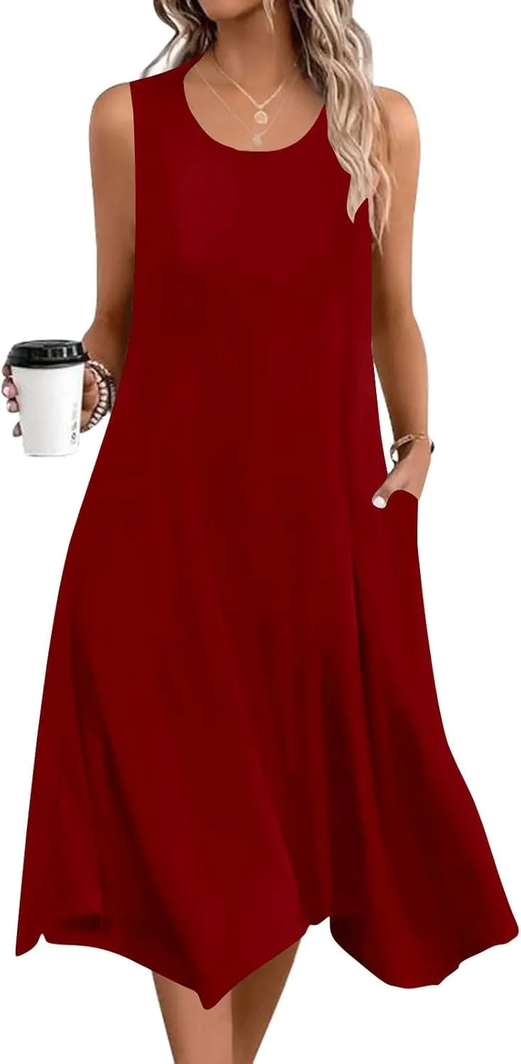 Women's Casual Summer Dress Sleeveless Loose Flowy Beach Tank Dress Hankerchief Flare Midi Sundress with Pockets