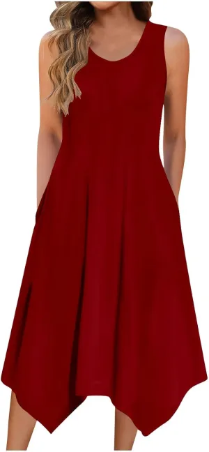 Women's Casual Summer Dress Sleeveless Loose Flowy Beach Tank Dress Hankerchief Flare Midi Sundress with Pockets