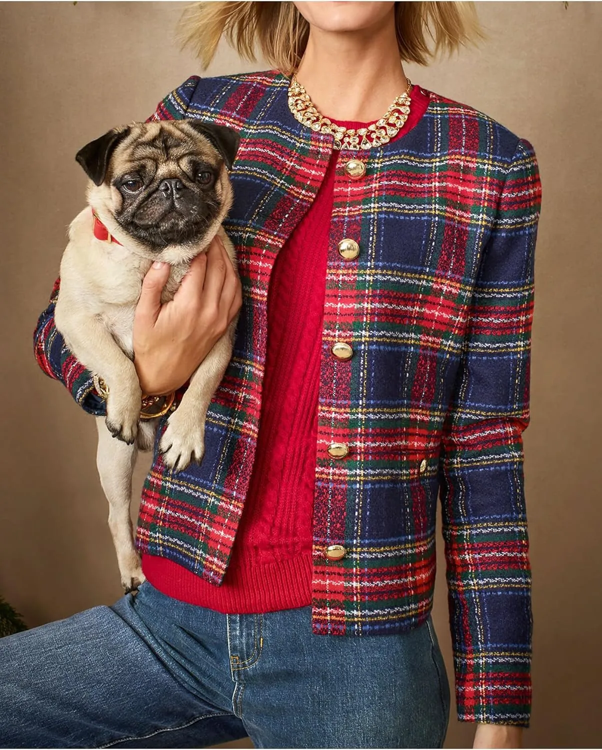 Women's Christmas Plaid Cropped Tweed Jacket Collarless Lightweight Open Front Elegant Jackets