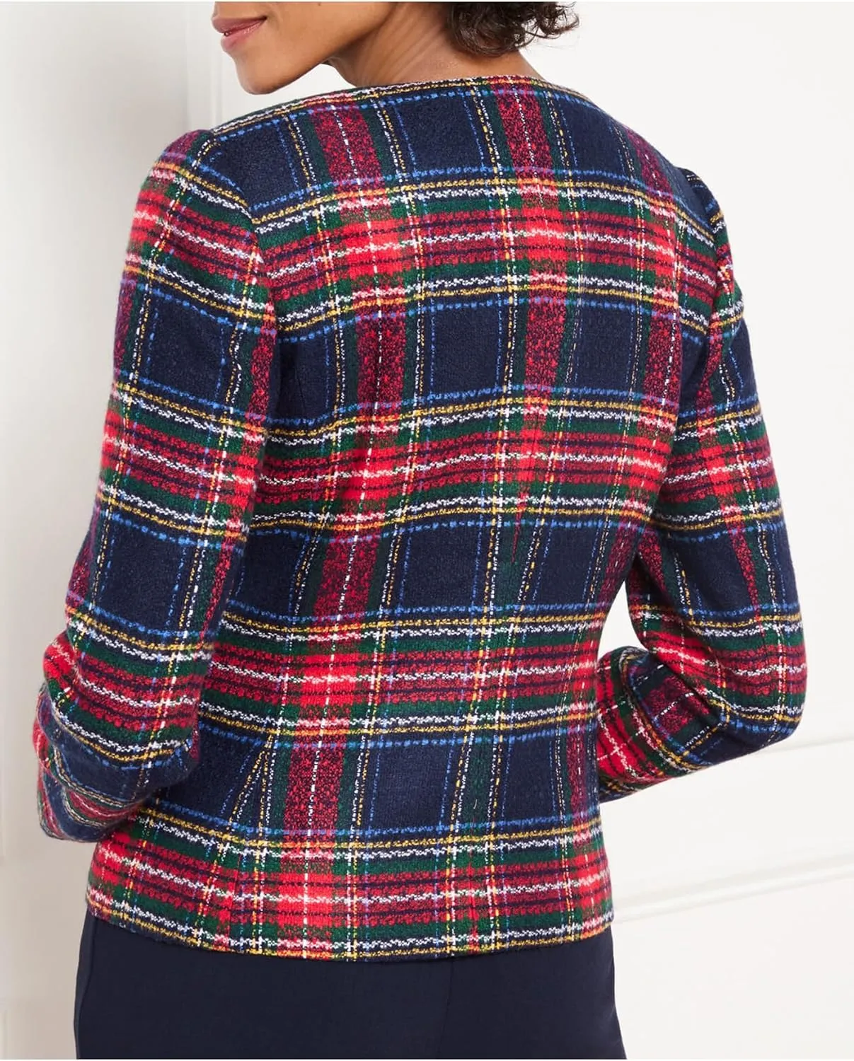 Women's Christmas Plaid Cropped Tweed Jacket Collarless Lightweight Open Front Elegant Jackets