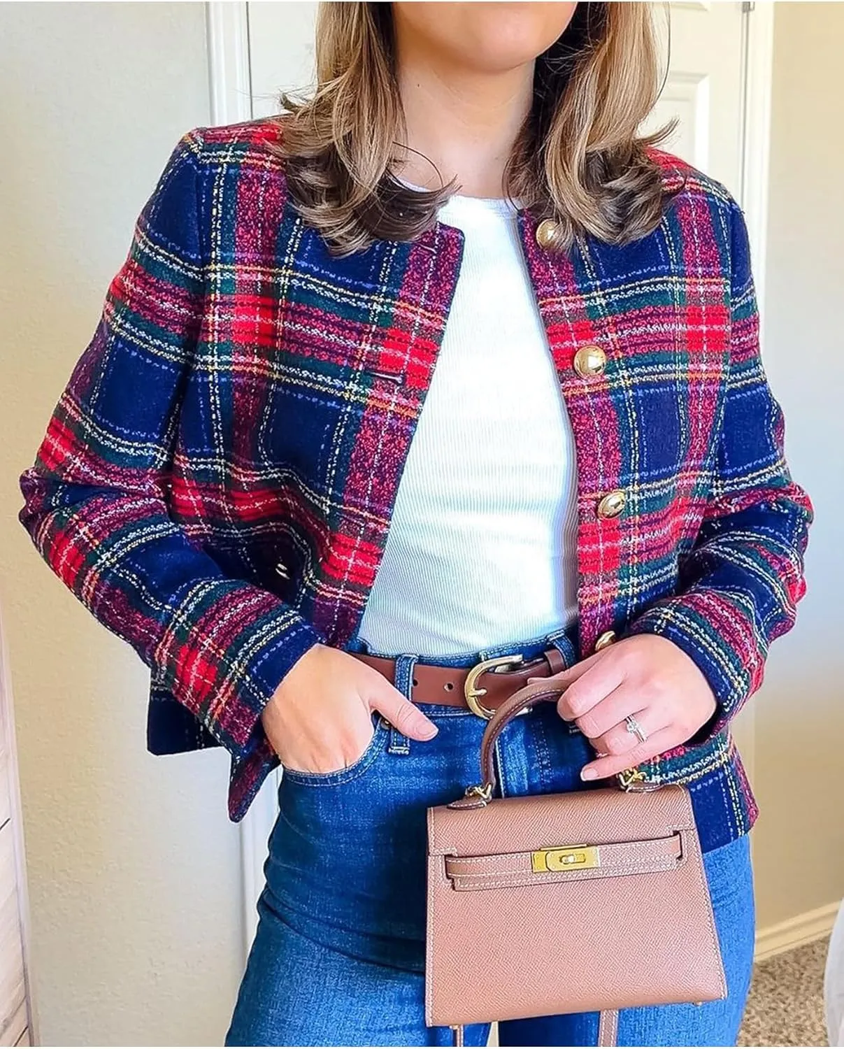 Women's Christmas Plaid Cropped Tweed Jacket Collarless Lightweight Open Front Elegant Jackets