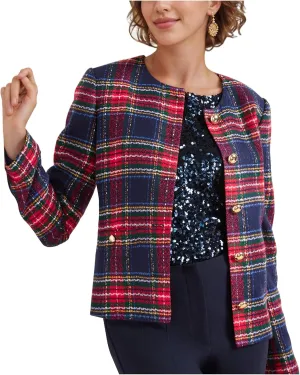 Women's Christmas Plaid Cropped Tweed Jacket Collarless Lightweight Open Front Elegant Jackets