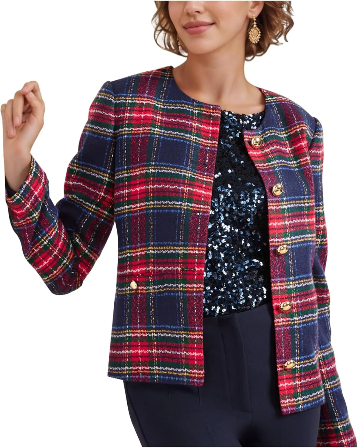 Women's Christmas Plaid Cropped Tweed Jacket Collarless Lightweight Open Front Elegant Jackets