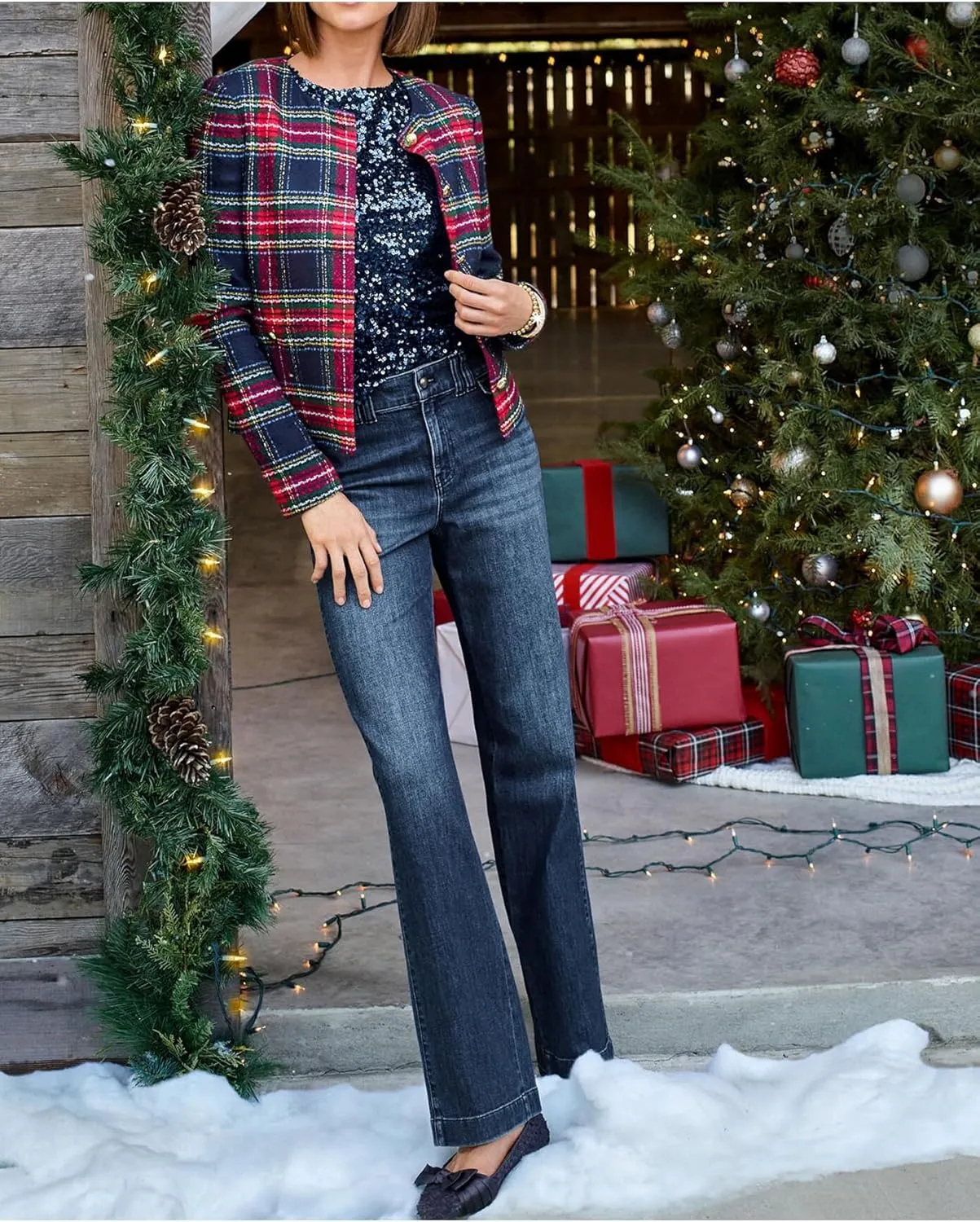 Women's Christmas Plaid Cropped Tweed Jacket Collarless Lightweight Open Front Elegant Jackets