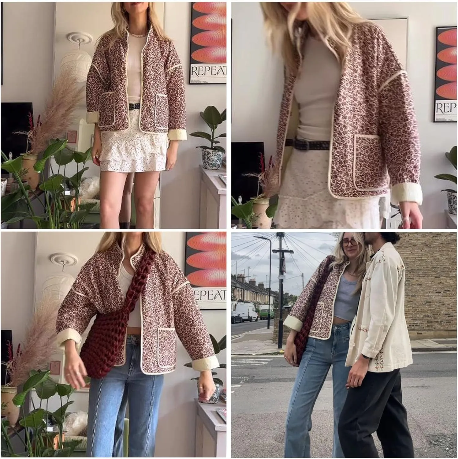 Women's Cropped Puffer Quilted Jacket, Vintage Floral Printed, Lightweight Open Front Short Jacket Coat Outwear