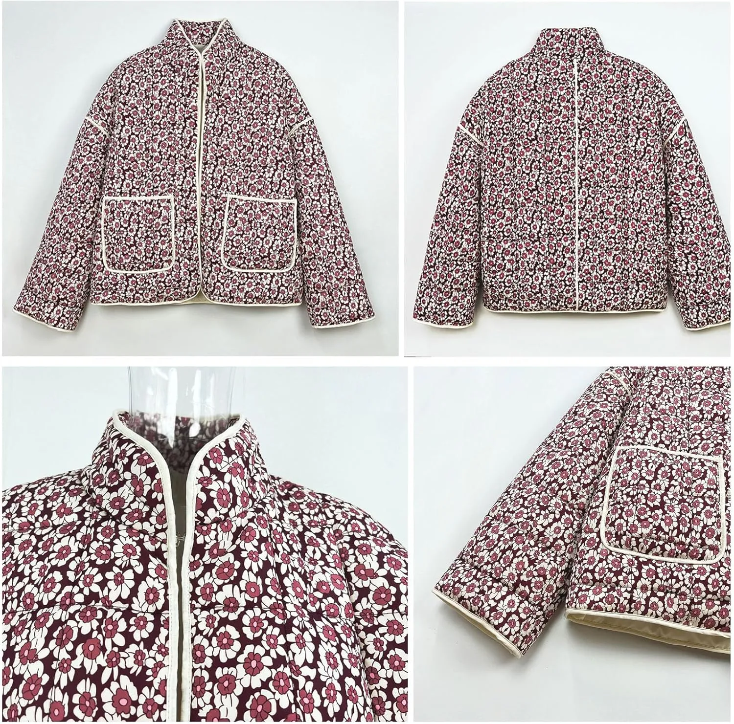 Women's Cropped Puffer Quilted Jacket, Vintage Floral Printed, Lightweight Open Front Short Jacket Coat Outwear