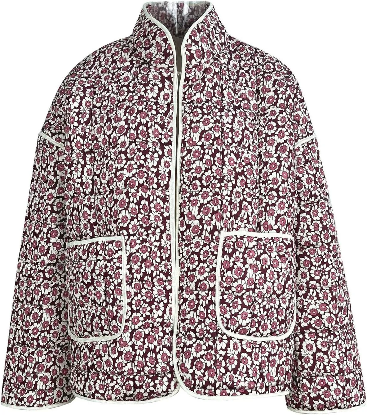 Women's Cropped Puffer Quilted Jacket, Vintage Floral Printed, Lightweight Open Front Short Jacket Coat Outwear