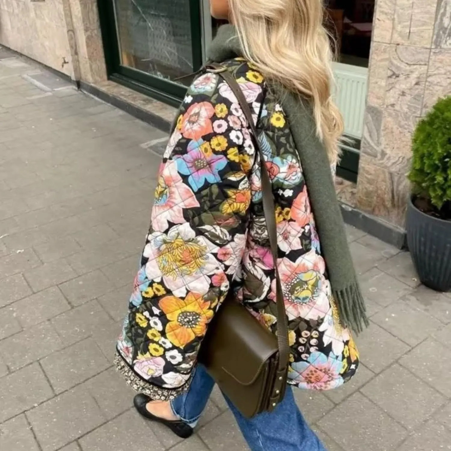 Womens Cropped Quilted Lightweight Jackets Floral Printed Open Front Puffer Coat Cardigan