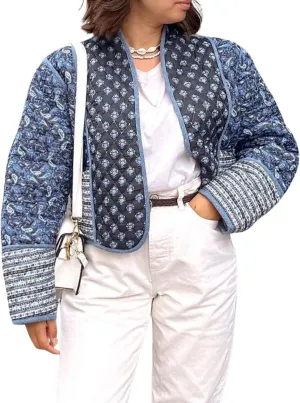Womens Cropped Quilted Lightweight Jackets Floral Printed Open Front Puffer Coat Cardigan
