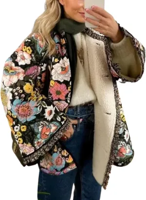 Womens Cropped Quilted Lightweight Jackets Floral Printed Open Front Puffer Coat Cardigan