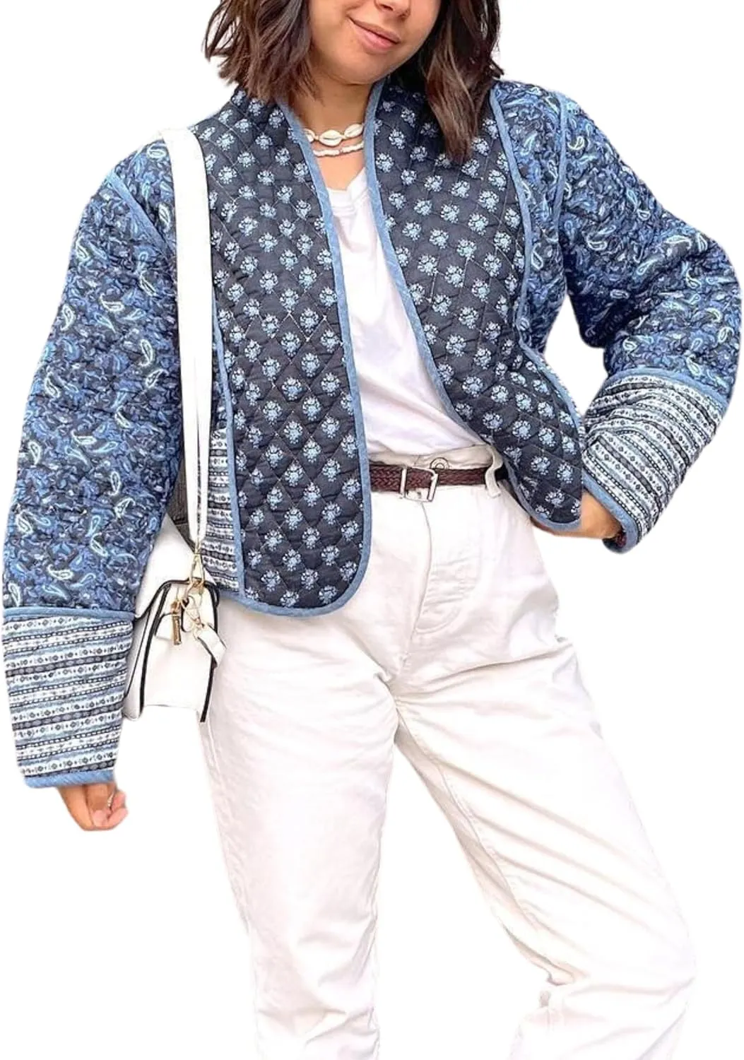 Womens Cropped Quilted Lightweight Jackets Floral Printed Open Front Puffer Coat Cardigan