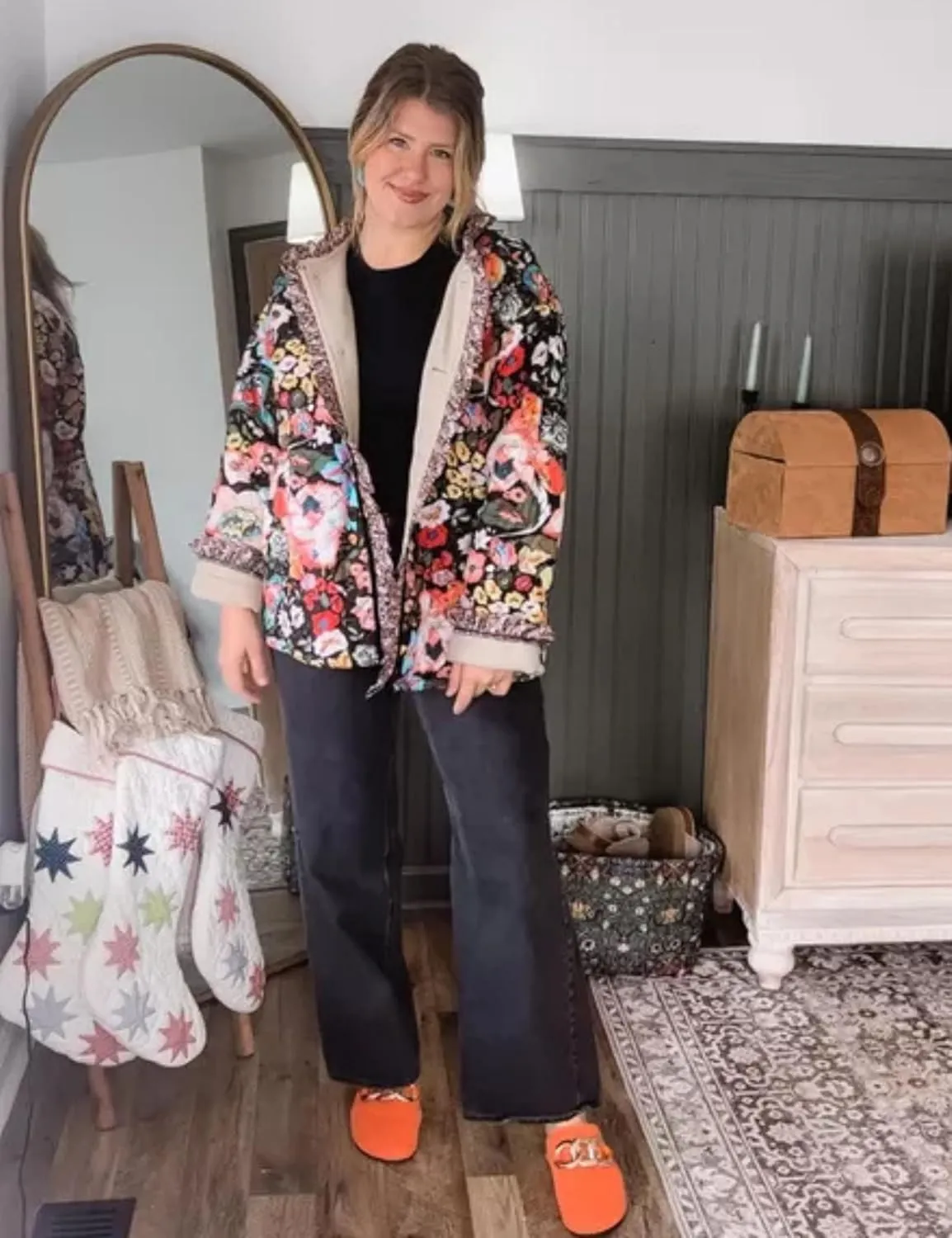 Womens Cropped Quilted Lightweight Jackets Floral Printed Open Front Puffer Coat Cardigan