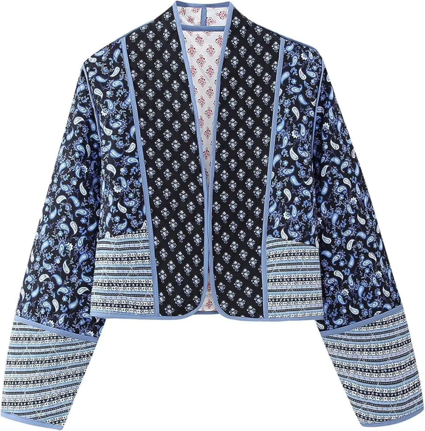 Womens Cropped Quilted Lightweight Jackets Floral Printed Open Front Puffer Coat Cardigan