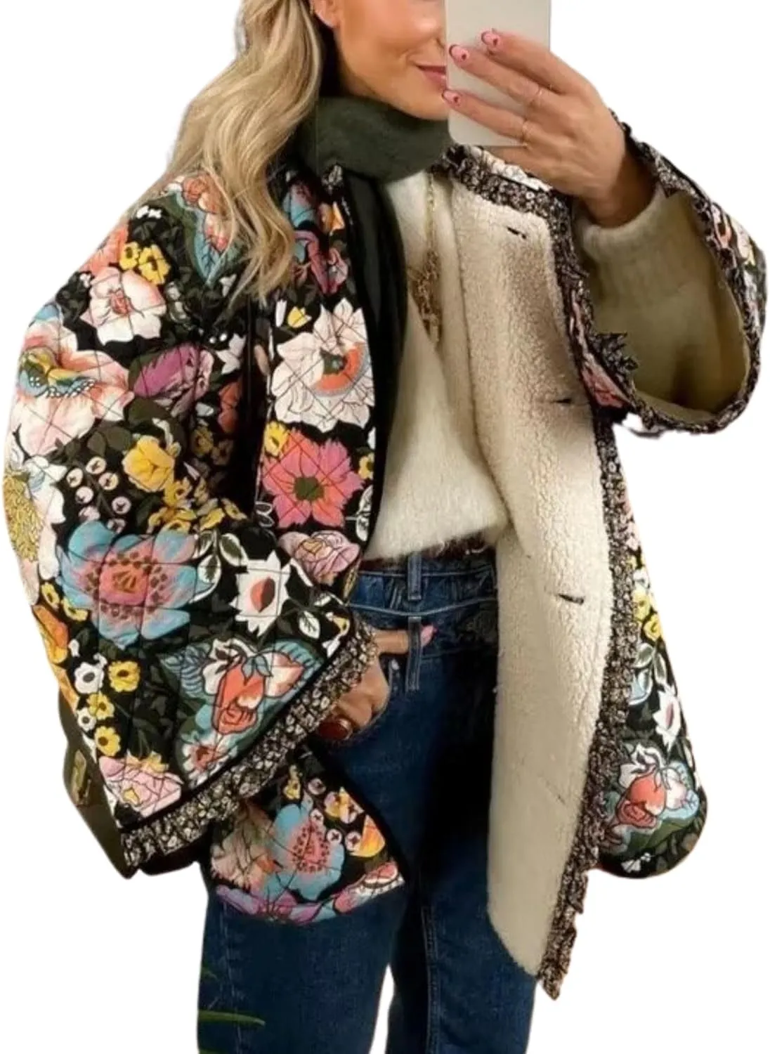 Womens Cropped Quilted Lightweight Jackets Floral Printed Open Front Puffer Coat Cardigan