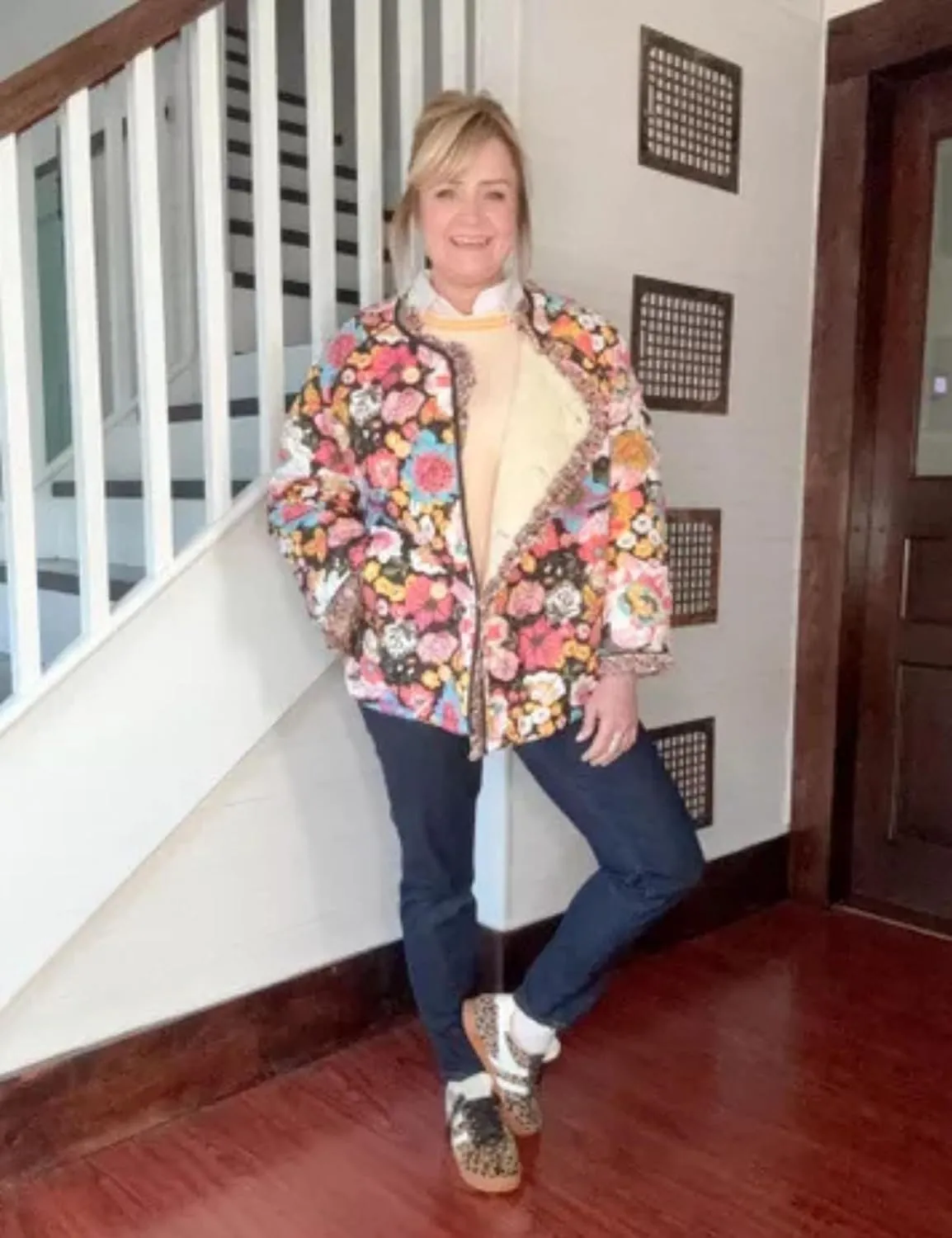 Womens Cropped Quilted Lightweight Jackets Floral Printed Open Front Puffer Coat Cardigan