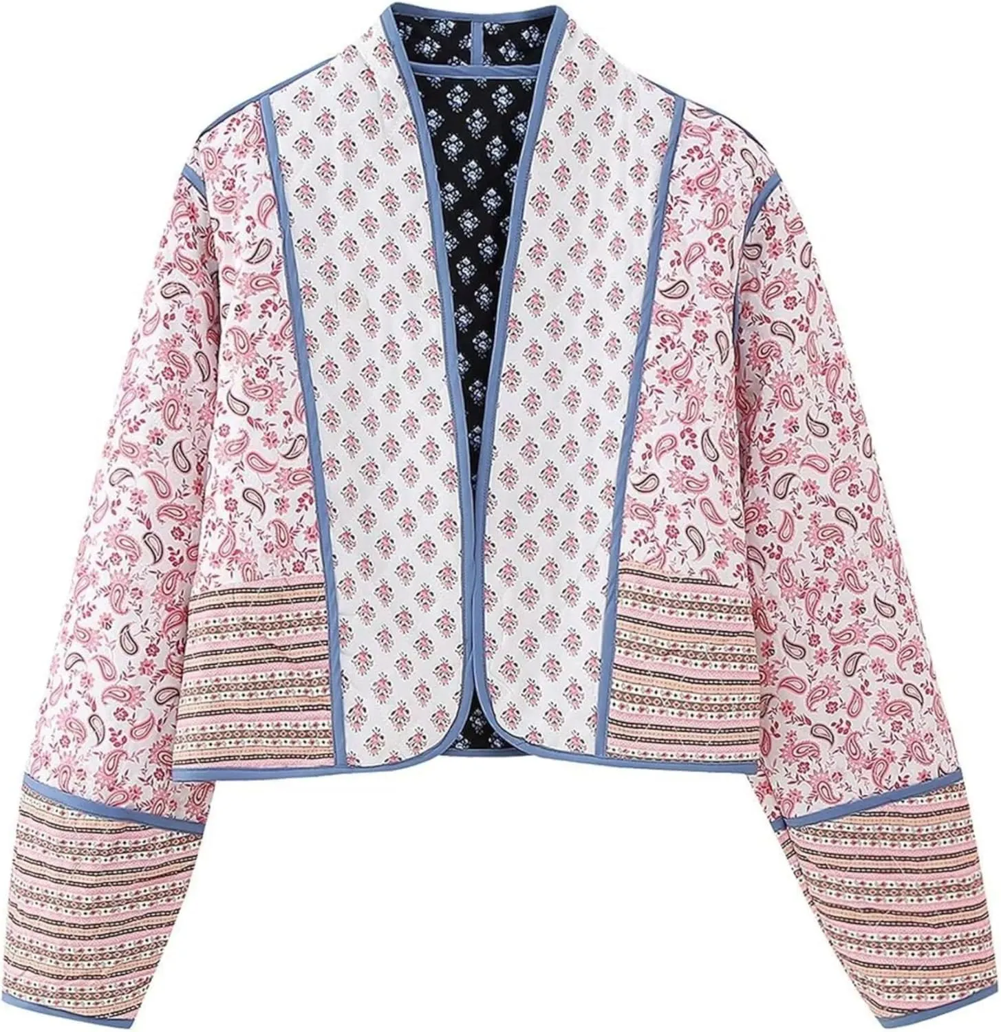 Womens Cropped Quilted Lightweight Jackets Floral Printed Open Front Puffer Coat Cardigan