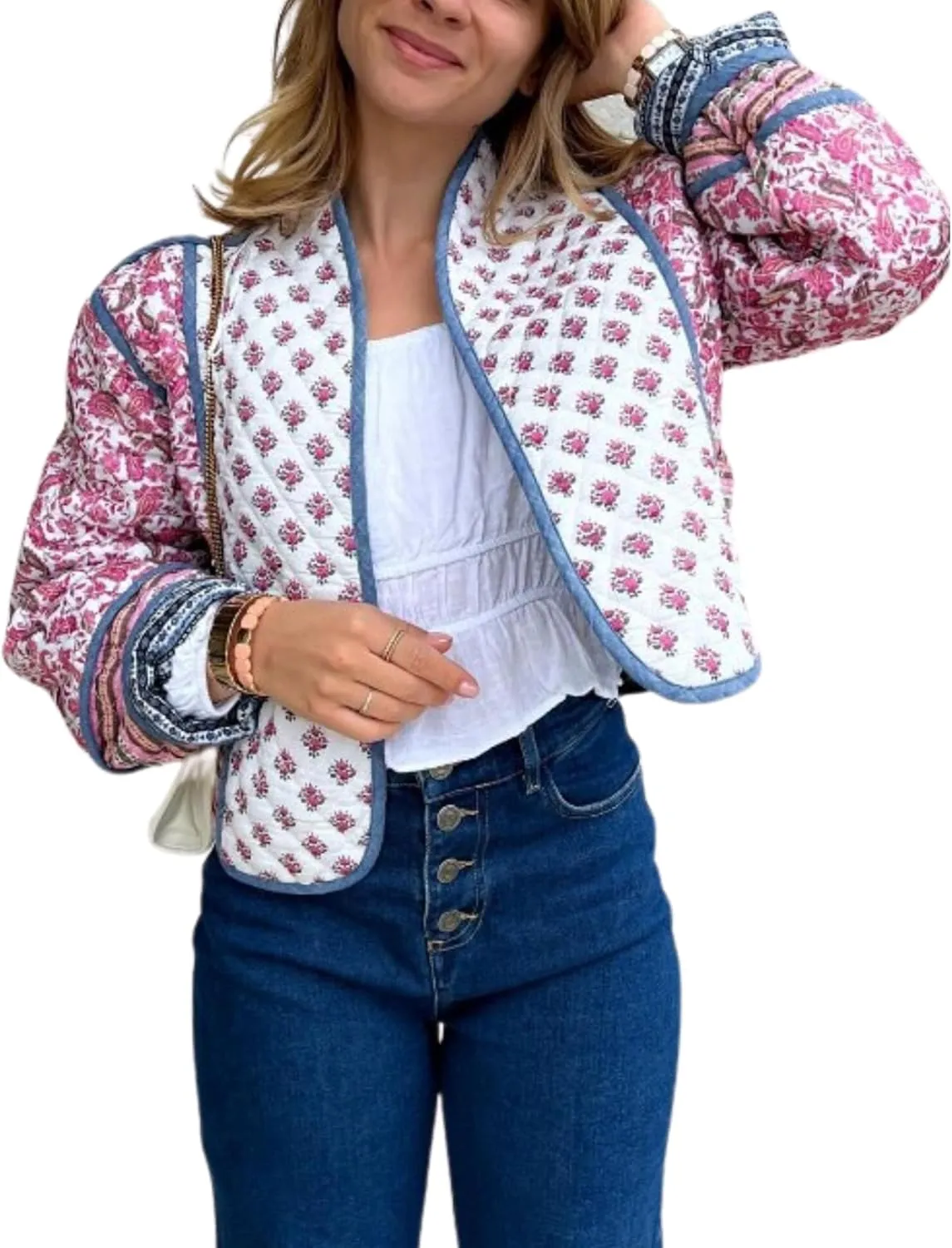 Womens Cropped Quilted Lightweight Jackets Floral Printed Open Front Puffer Coat Cardigan