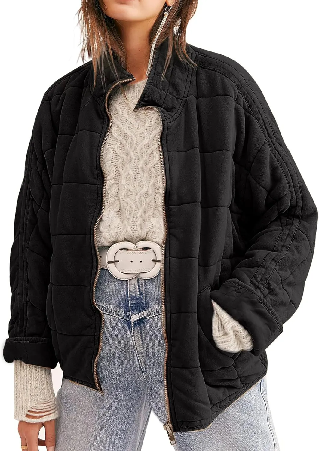 Womens Dolman Quilted Lightweight Jackets Full-zip Stand Collar Loose Warm Winter Outwears with Pockets