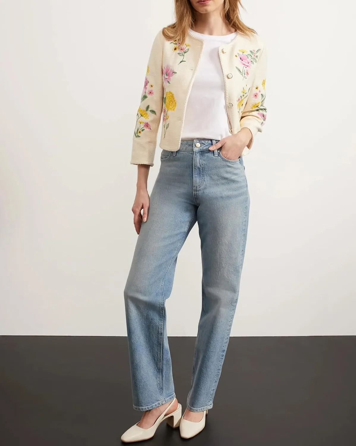 Women's Embroidered Floral Tweed Jacket Cropped Collarless Lightweight Open Front Elegant Jackets