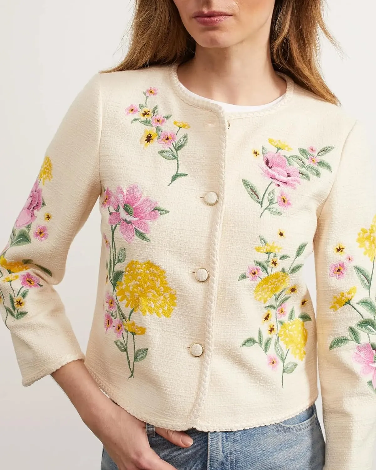 Women's Embroidered Floral Tweed Jacket Cropped Collarless Lightweight Open Front Elegant Jackets