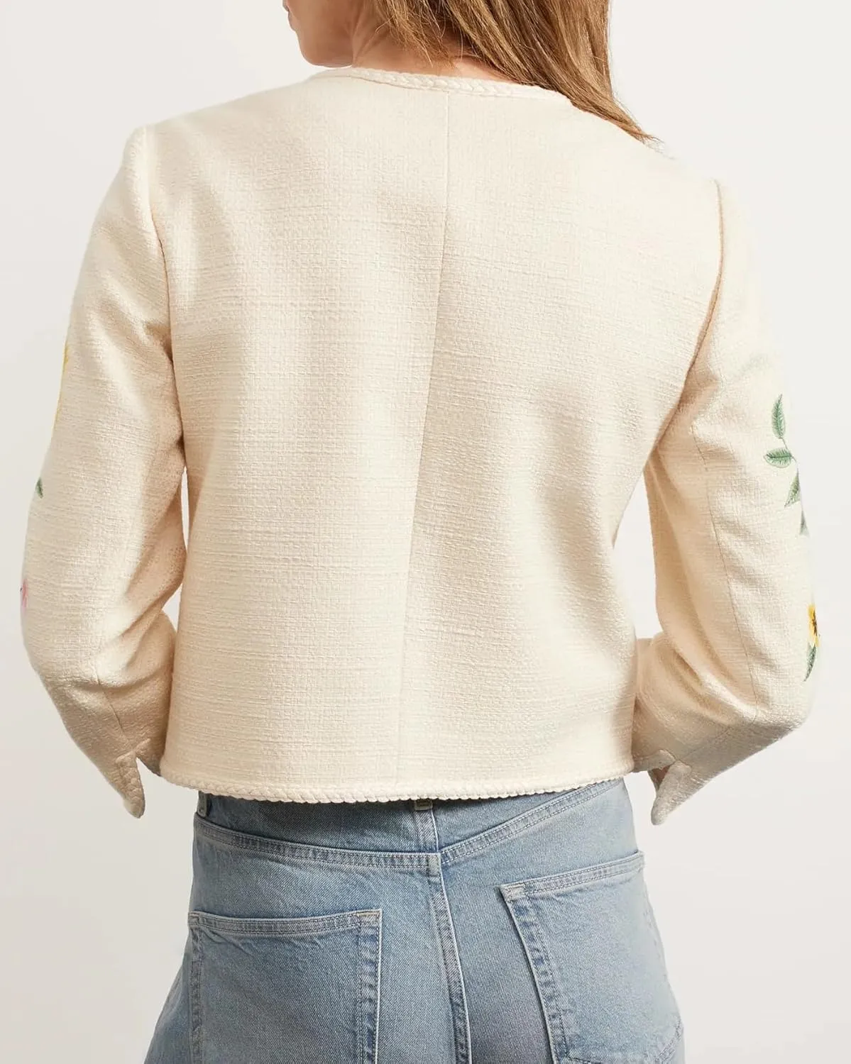 Women's Embroidered Floral Tweed Jacket Cropped Collarless Lightweight Open Front Elegant Jackets