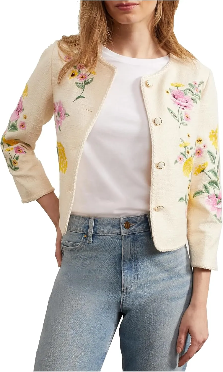 Women's Embroidered Floral Tweed Jacket Cropped Collarless Lightweight Open Front Elegant Jackets