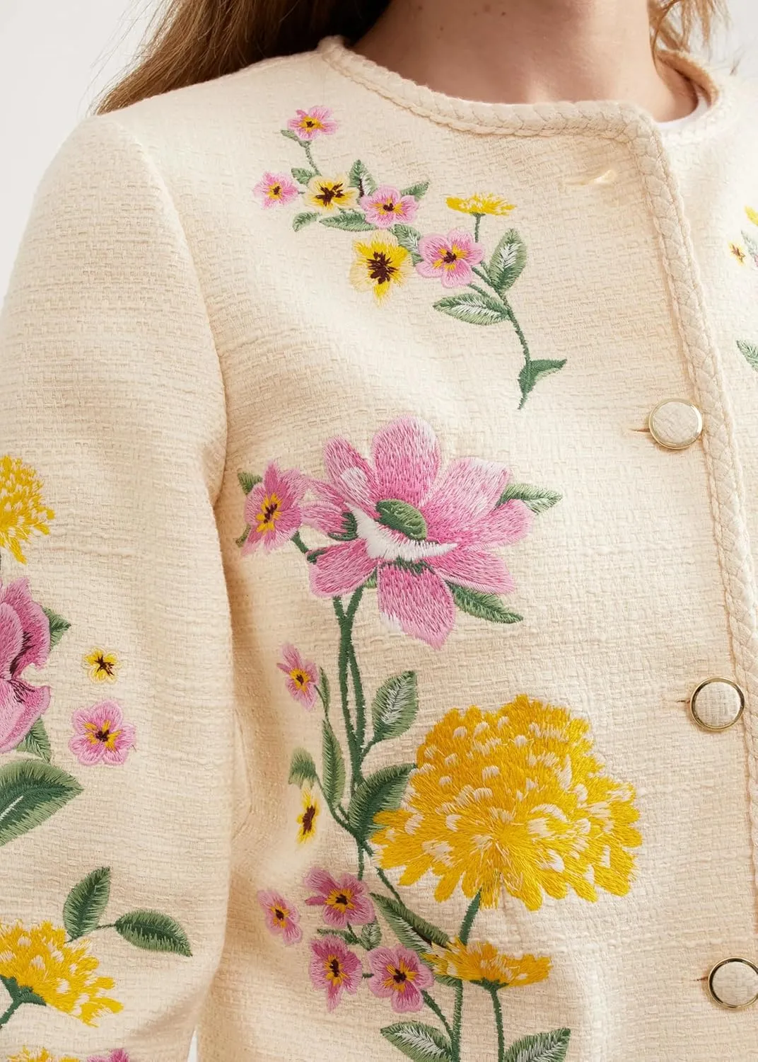 Women's Embroidered Floral Tweed Jacket Cropped Collarless Lightweight Open Front Elegant Jackets