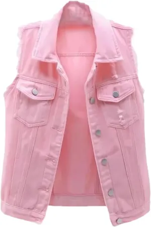 Women's Fashion Pink Denim Vests Jacket Classic Sleeveless Button Down Slim Fit Crop Jean Waistcoat Vest