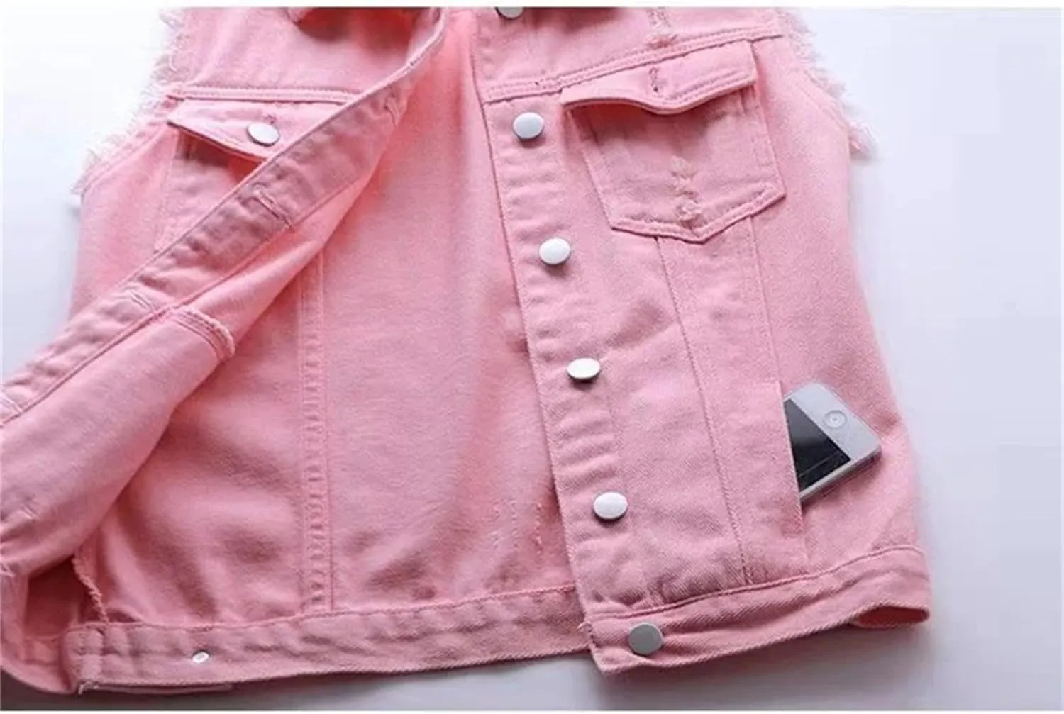 Women's Fashion Pink Denim Vests Jacket Classic Sleeveless Button Down Slim Fit Crop Jean Waistcoat Vest