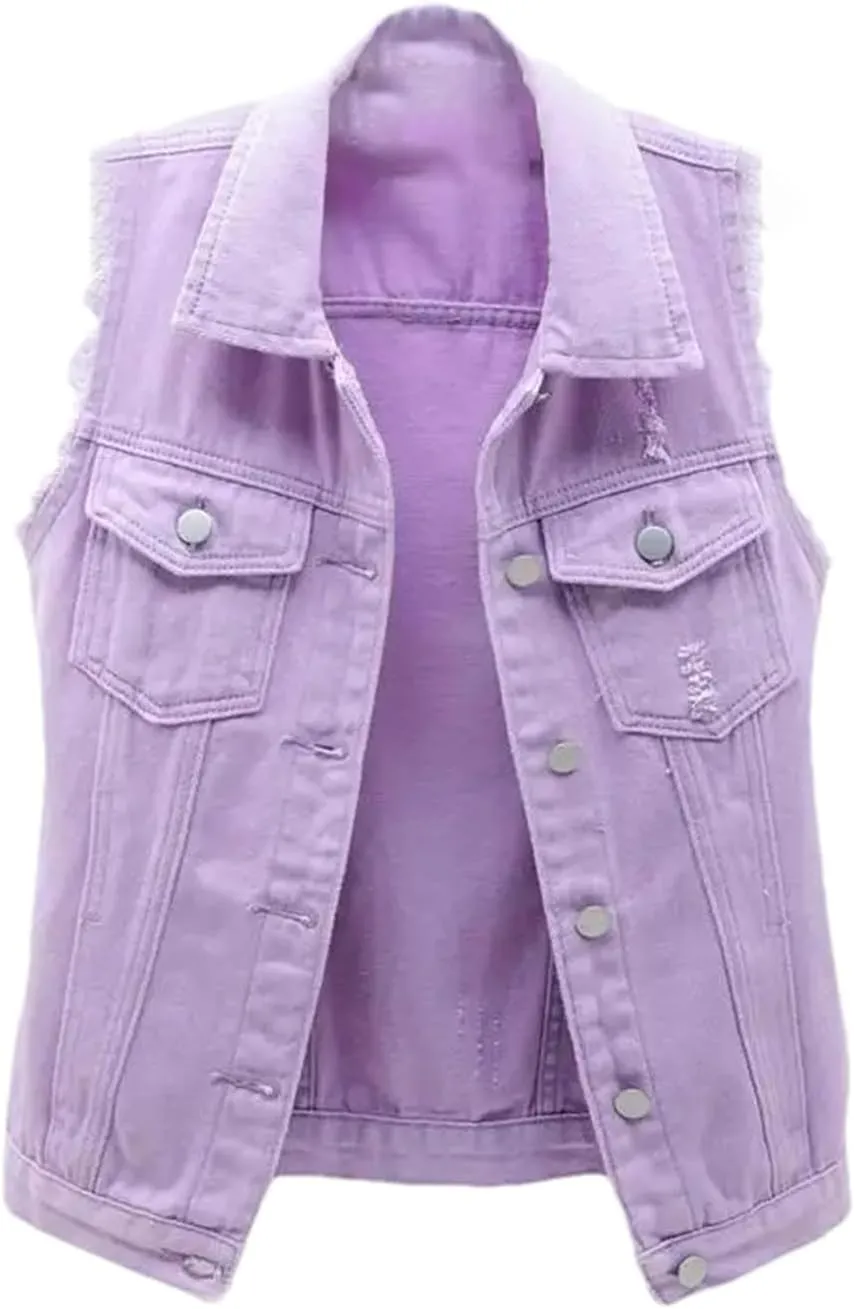 Women's Fashion Pink Denim Vests Jacket Classic Sleeveless Button Down Slim Fit Crop Jean Waistcoat Vest