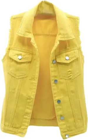 Women's Fashion Pink Denim Vests Jacket Classic Sleeveless Button Down Slim Fit Crop Jean Waistcoat Vest