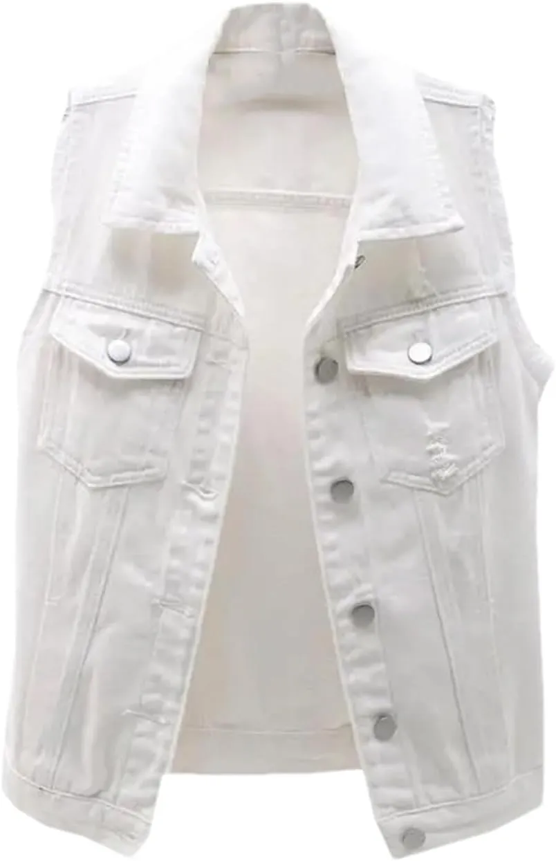 Women's Fashion Pink Denim Vests Jacket Classic Sleeveless Button Down Slim Fit Crop Jean Waistcoat Vest