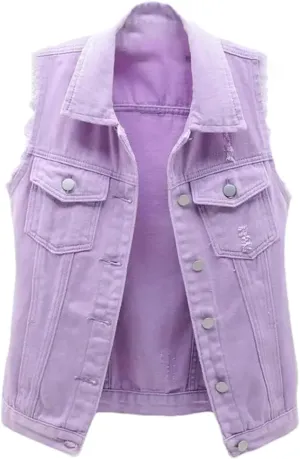 Women's Fashion Pink Denim Vests Jacket Classic Sleeveless Button Down Slim Fit Crop Jean Waistcoat Vest