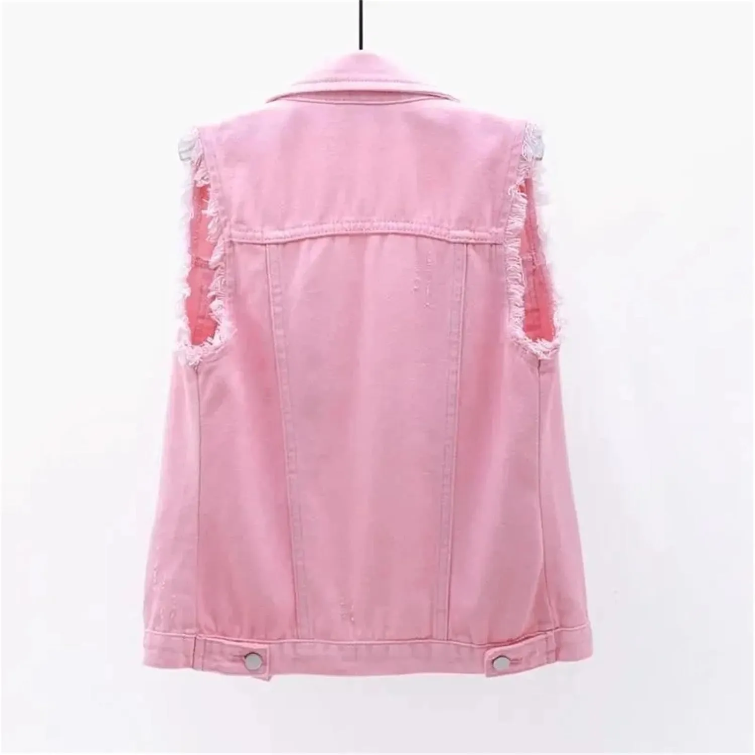Women's Fashion Pink Denim Vests Jacket Classic Sleeveless Button Down Slim Fit Crop Jean Waistcoat Vest