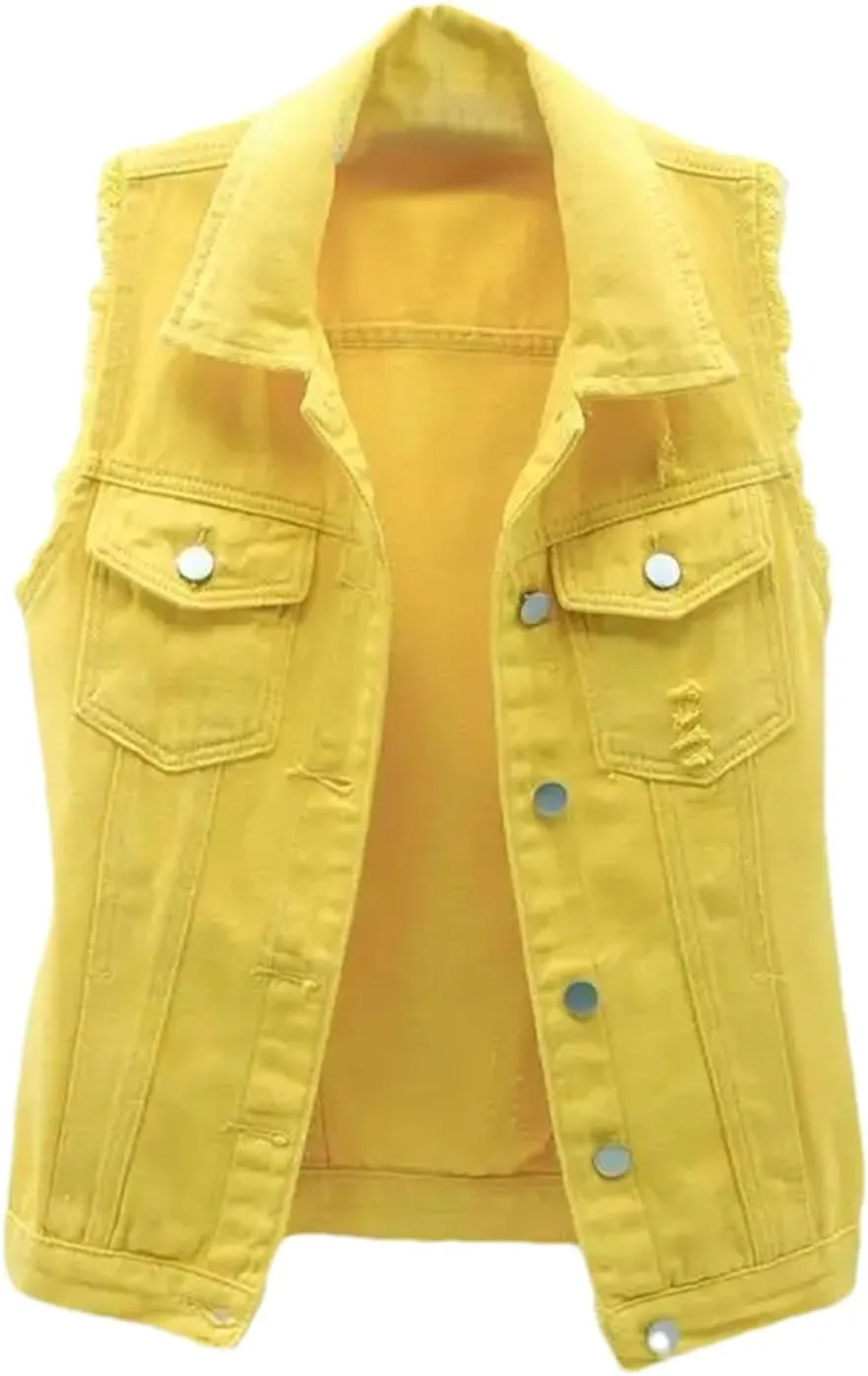 Women's Fashion Pink Denim Vests Jacket Classic Sleeveless Button Down Slim Fit Crop Jean Waistcoat Vest